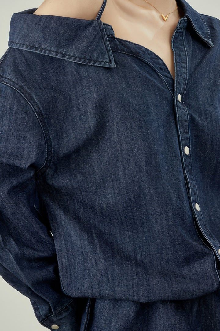 OFF SHOULDER DENIM DRESS - DARK BLUE