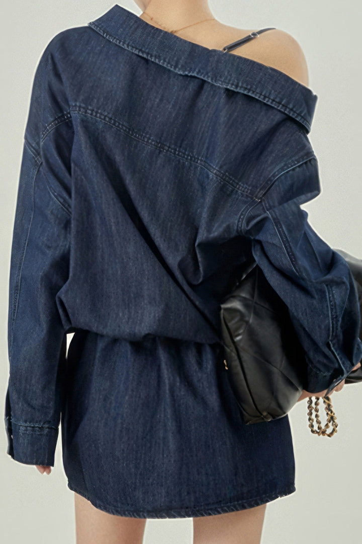 OFF SHOULDER DENIM DRESS - DARK BLUE